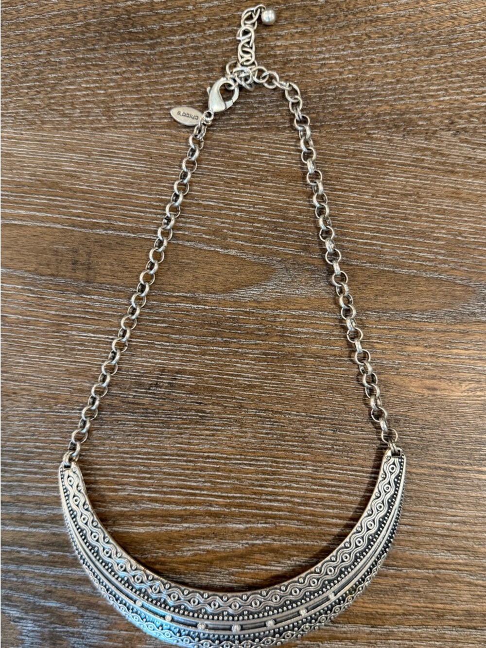 Chico's Silver-Tone Etched Crescent Statement Necklace